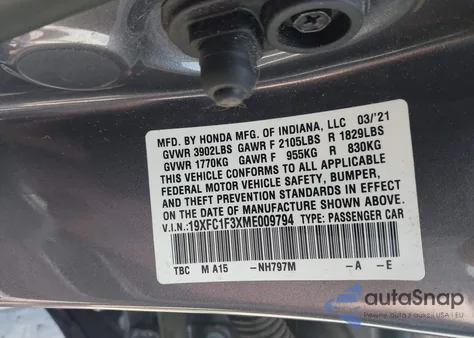 2021 Honda Civic Ex из США, поврежденный, VIN 19XFC1F3XME009794